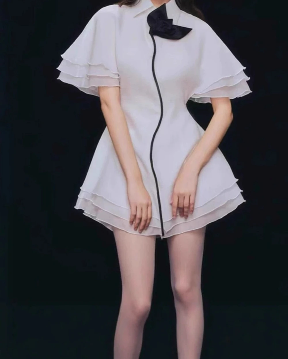 

Ruffled short skirt 2025 autumn new style lapel three-dimensional flower slimming dress-GZXX933