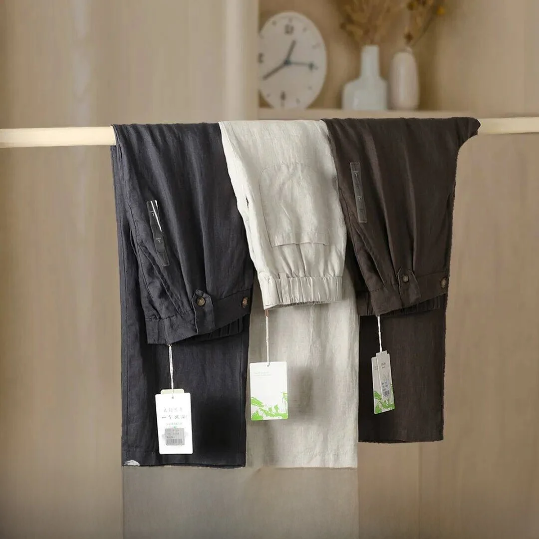 Natural Washed Linen Casual Pants Loose Fit Elastic Waist Versatile Breathable Comfortable Straight Leg Trousers for Youth
