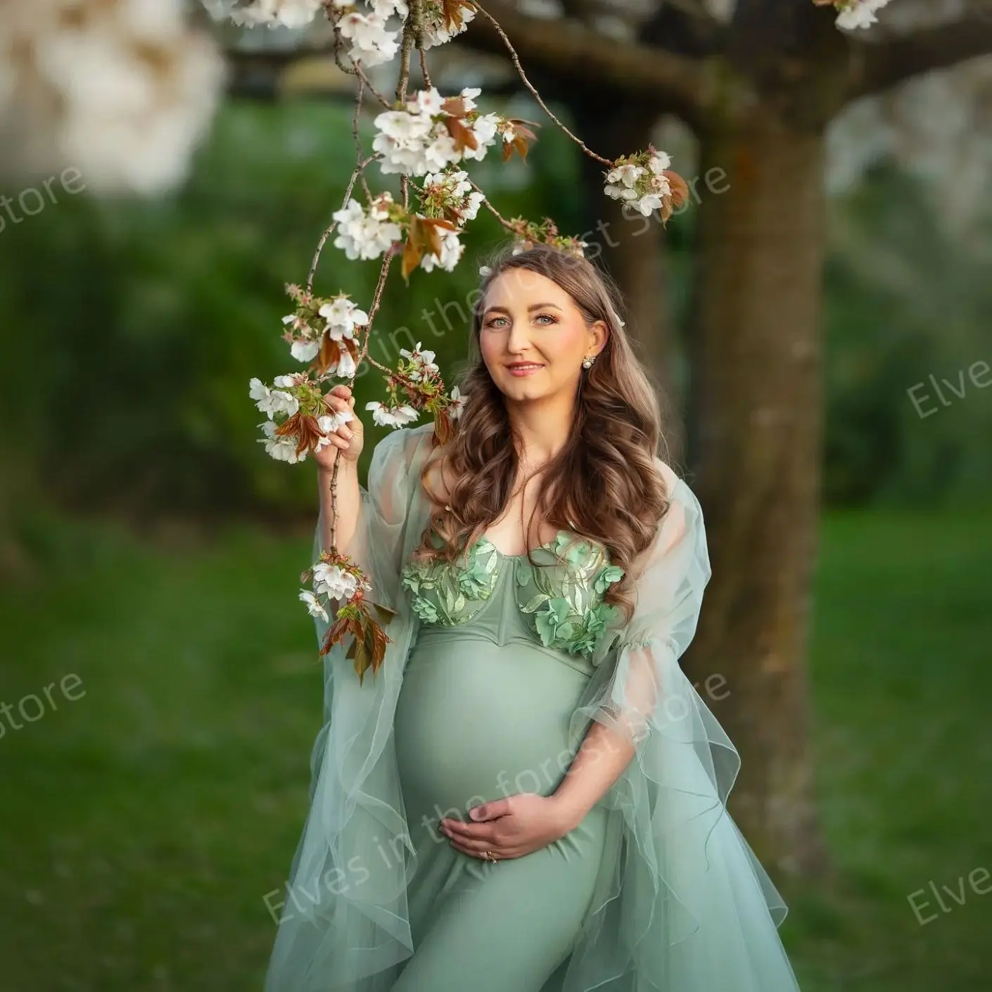 Batas de maternidad verdes de ilusión para sesión de fotos, apliques de encaje con forma de corazón, vestido de fiesta para embarazo, vestidos personalizados para Baby Shower