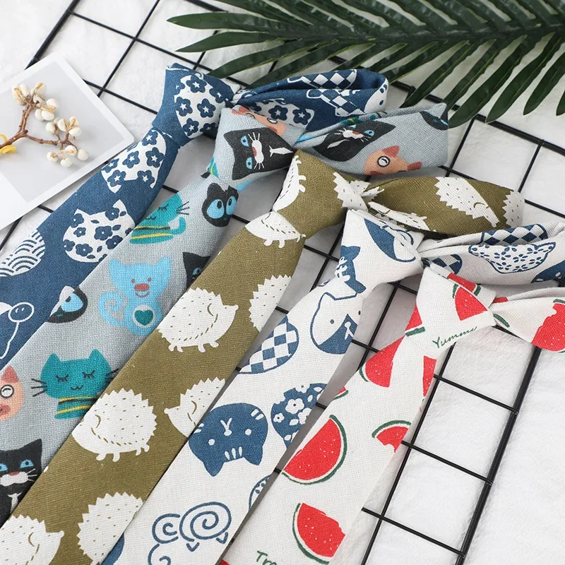 Cartoon Tie Casual 6cm Necktie Boys Girls Floral Plant Animal Pattern Ties Neck Wear Men Women Cotton Linen Apparel Accessories)