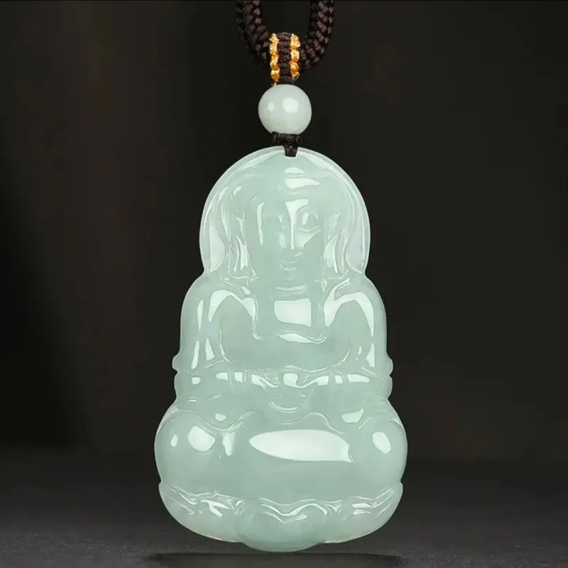 Jadeite Guanyin Pendant for Men Small Size Bodhisattva Amulet Ice-Waxy Jade
