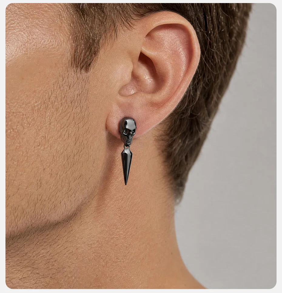 Vnox Totenkopf-Spike-Ohrhänger für Herren, Edelstahl, Gothic-Skelett-Nieten-Ohrstecker, Punk-Rock-Hip-Hop-Ohrschmuck, Geschenk – Detail 3