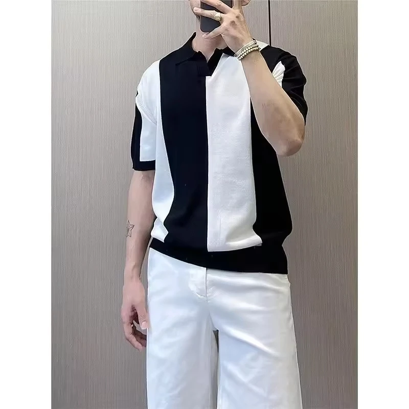 Summer New Fashion Men's Knitted Ice Silk Striped Slim Turn-down Collar Short Sleeve T-shirts Casual Trendy Color-coded T-shirts