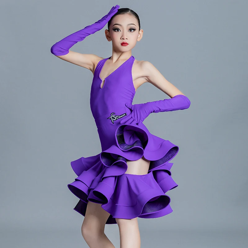 2024 Latin Dance Costume Girls Purple National Standard Latin Dance Professional Dress Child Chacha Ballroom Dance Wear SL7643