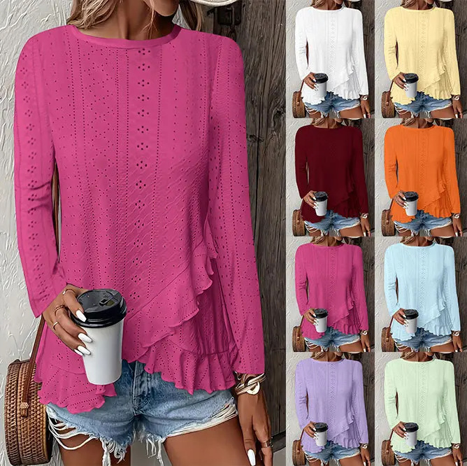 

Y2K spring and summer new women's solid color ruffle edge hem shirt fashion casual long sleeve crew neck T-shirt top