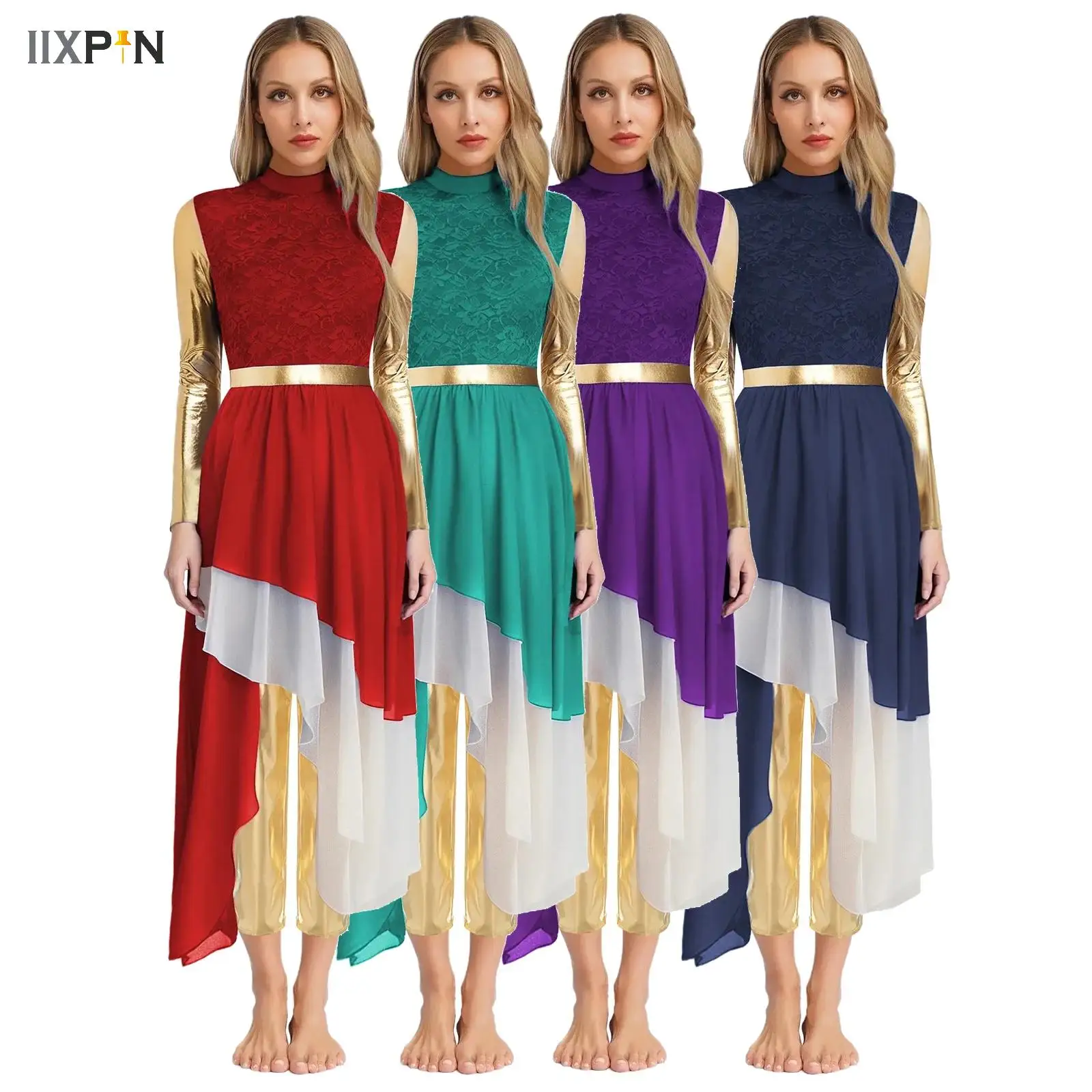 

Women Modern Lyrical Dance Dress With Pants Ballroom Dancing Church Choir Liturgical Praise Worship Stage Performance Dancewear
