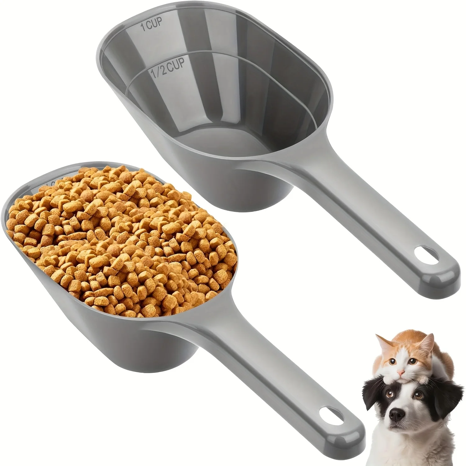 Paquete de 2 cucharas para comida para perros, cuchara para comida para mascotas con líneas de medición para 1/2 taza y 1 taza, cuchara de plástico para comida para mascotas adecuada para perros