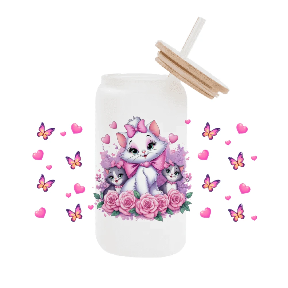 Disney marie pink  Cat For Libbey 16oz Can Glass 3D Waterproof UV DTF Coffee Can Wrap Libbey Glass Wrap