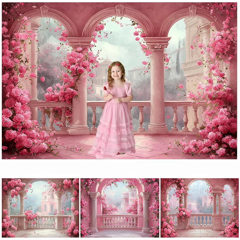 

LS Fantasy Castle Photography Backdrop Spring Pink Floral Palace Decor Kids Birthday Adult Art Portrait Photo Backgrounds Studio