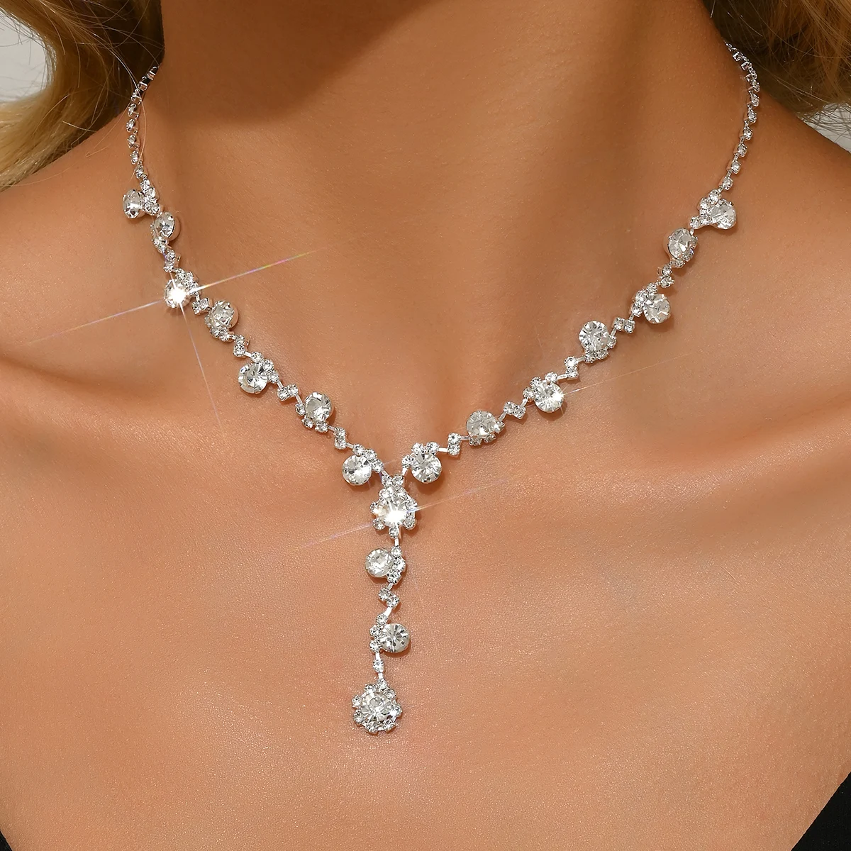 1pc-Luxury Silver Y Drop Rhinestone Necklace For Bridal Photoshoot Prom Gala And Pageant Events