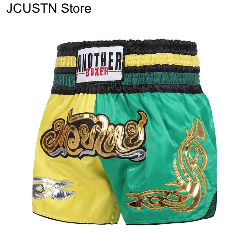 Muay Thai Shorts Men Women Kids Satin Boxing Trunks Embroidery Thai Boxing Shorts Combat Kickboxing Training Gym Team Shorts