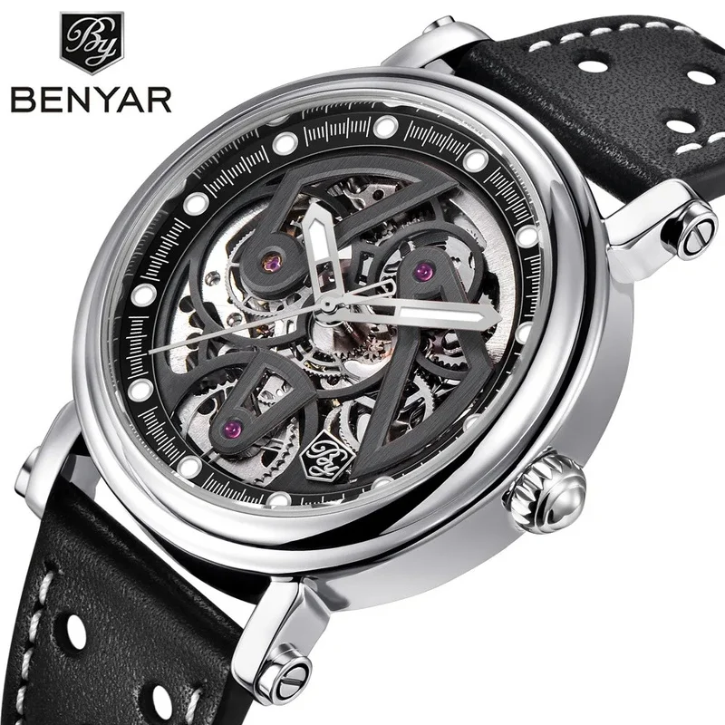 2026 New BENYAR BY-5202 V2 Men's Skeleton Automatic Mechanical Watch, Stainless Steel Case & Bracelet, 50M Water Resistant