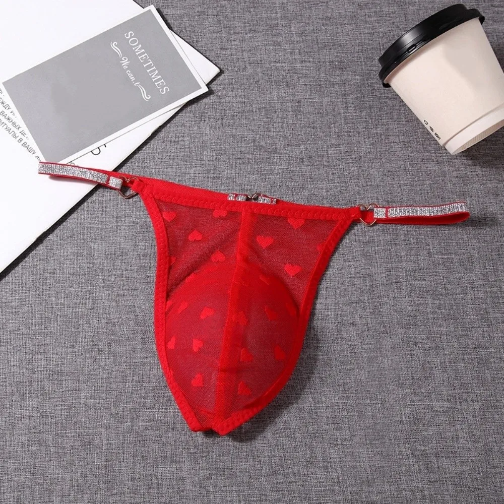Thin Mesh Men Hollow Thongs Low Waist Underpants Male Transparent Briefs Bulge Pouch Love Heart Print Men's Sheer Panties