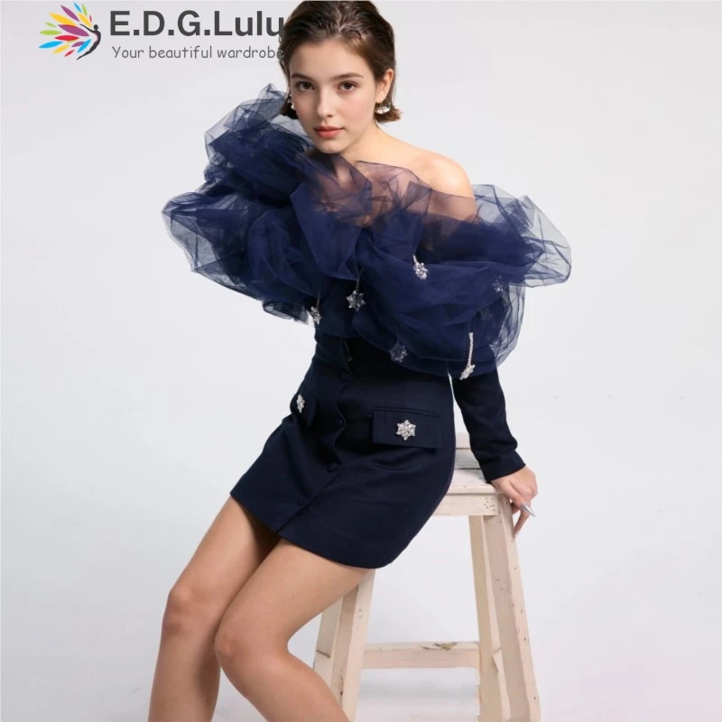 

EDGLuLu модные однобортные мини-платья с пряжкой, роскошные дизайнерские сетчатые платья 2025, белое платье с открытыми плечами и длинными рукавами 1108