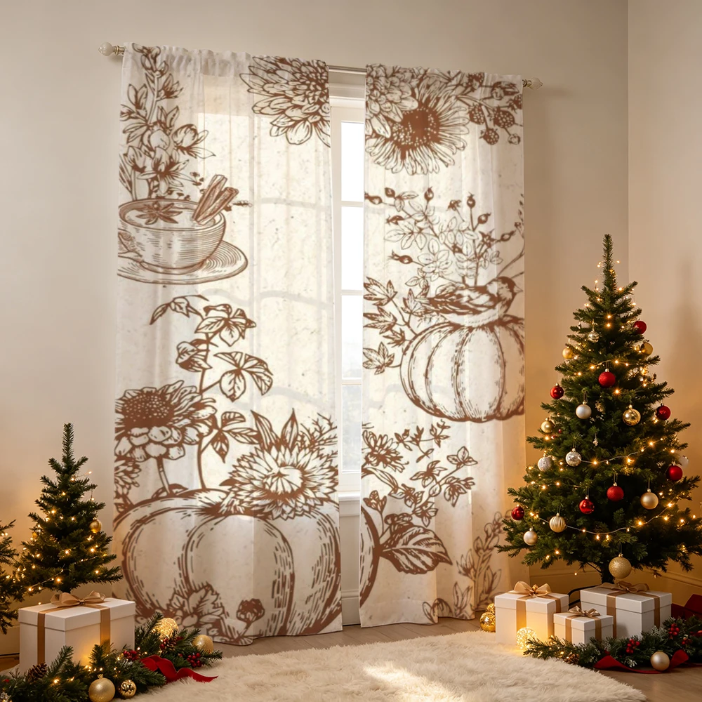 2PCS Line art pumpkin sunflower bird Print Curtains, Bedroom Living Room Window Drapes, Rod Pocket Polyester, Home Decor