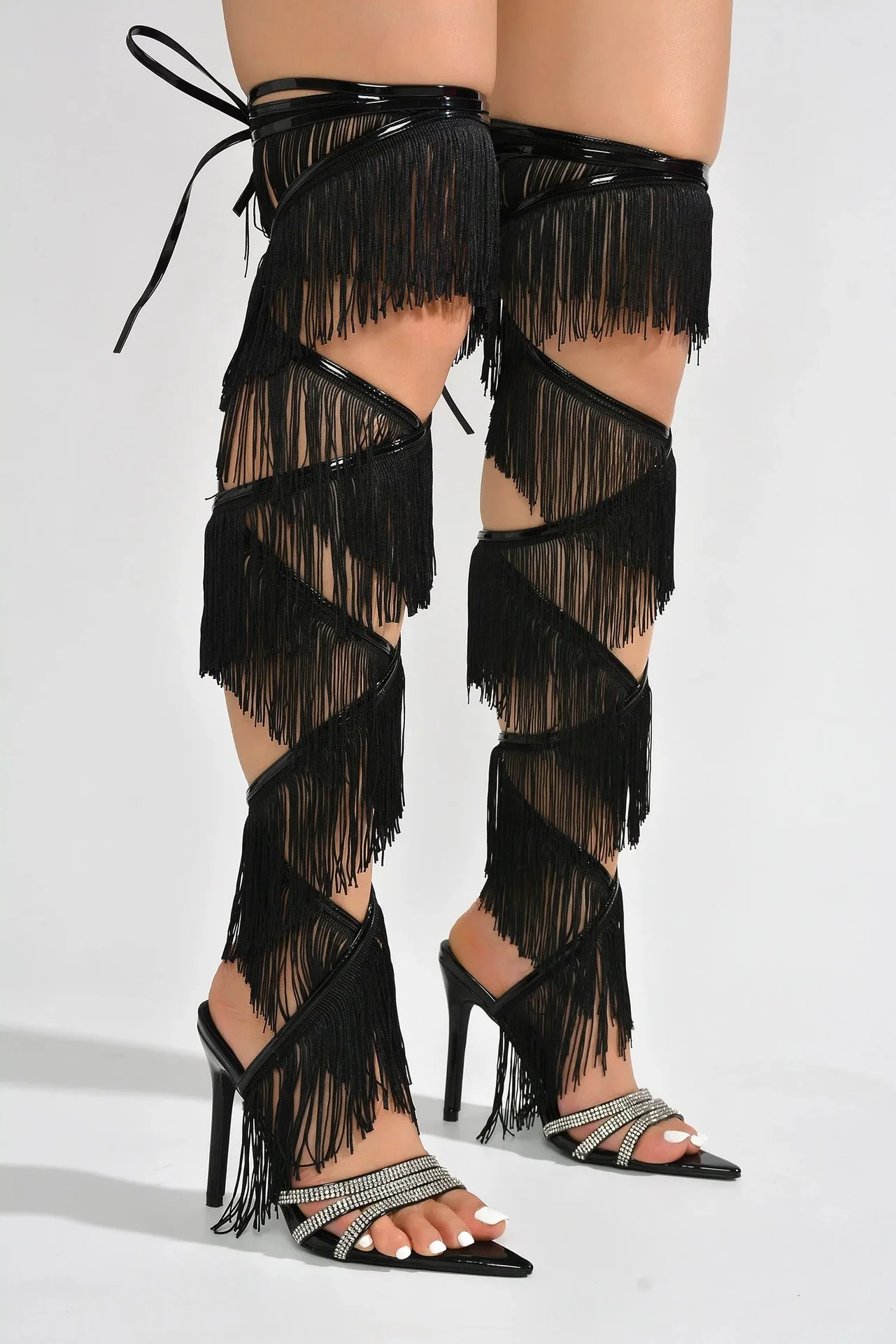 Horsehair Hollow Round Toe Knee-High Fashion Lady Women Sandals Boots Stiletto High Heels Zipper Design Large Size Flip Flogs