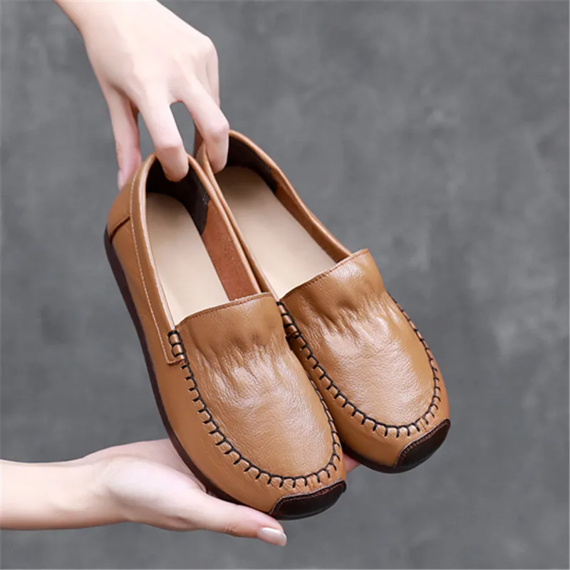 Autumn women genuine leather flat shoes female casual single shoes woman slip-on work shoes mother breathable plus size shoes