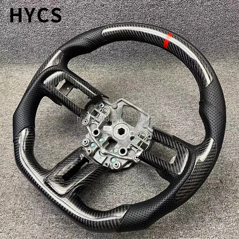 Car interior carbon fiber steering wheel covered with black perforated leather suitable for Ford Mustang after 2015