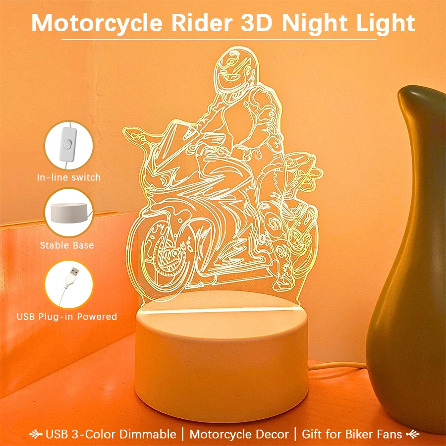 1pcMotorcycle Rider 3D Acrylic Night Light USB 3‑Color Dimmable LED Lamp Home Decor Gift for Motorcycle Lovers Men Desktop Decor
