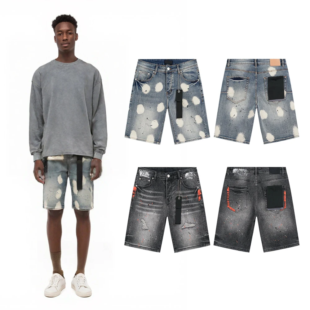 

Men's Clothing Shorts Denim Jeans Hip-hop Y2k Streetwear Street Style Spray Point Print Casual Retro Ripped Jeans Shorts for Men