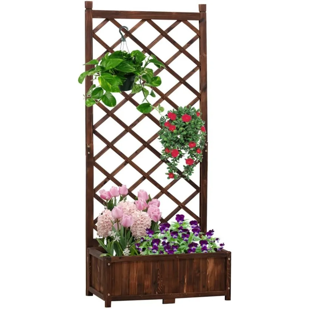 Raised Garden Bed, Planter with Trellis Outdoor Wood Box, 67in Raised Garden Bed