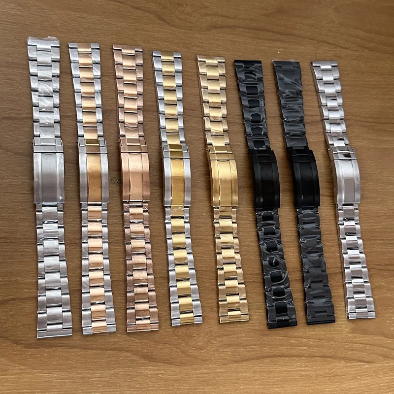 20mm 22mm Stainless Steel Watchband Flat Mouth Oyster Bracelet Three Pearls Link Strap Metal Watch Band Replacement