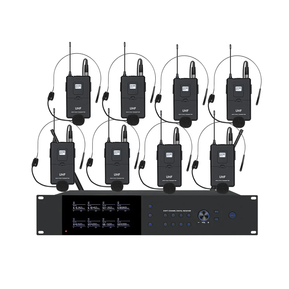 OEM 8-Channel UHF Cordless Metal Handheld Wireless Mics Professional Audio Mic System for Church Karaoke