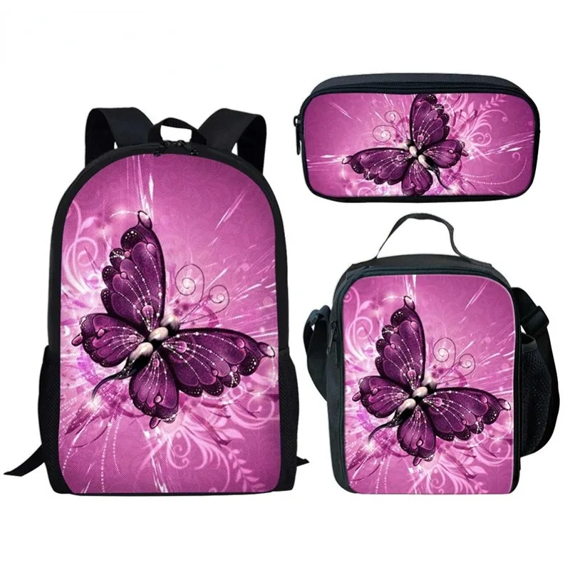 Backpack with 3d butterfly printing for student,school bag with laptop case and lunch,new popular harajuku,3pcs/set