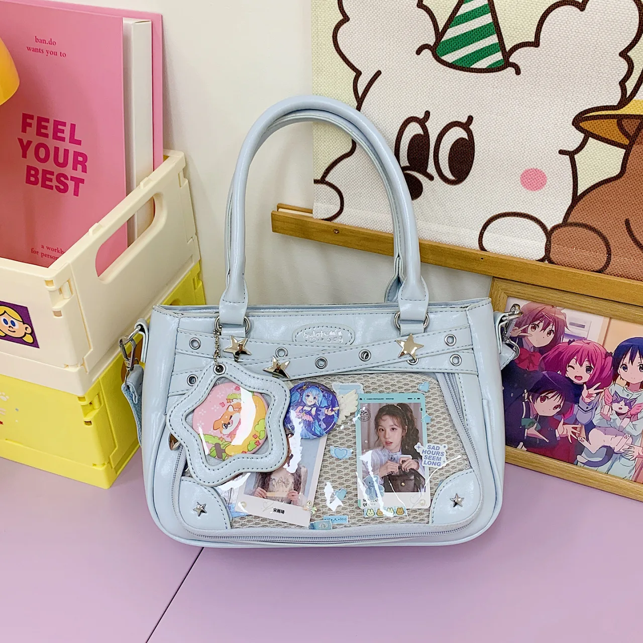 

Ita Bag for Women Star Print Transparent Pocket Itabag PU Leather Large Capacity Shoulder Crossbody Bag Anime Kawaii Daily Casua