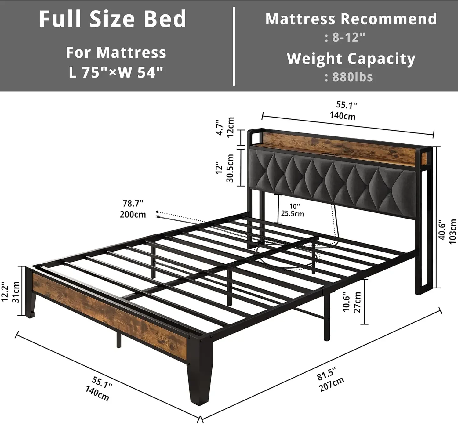 Full Size Bed Frame, Storage Headboard with Outlets, Easy to Install, Sturdy and Stable, No Noise, No Box Springs Needed