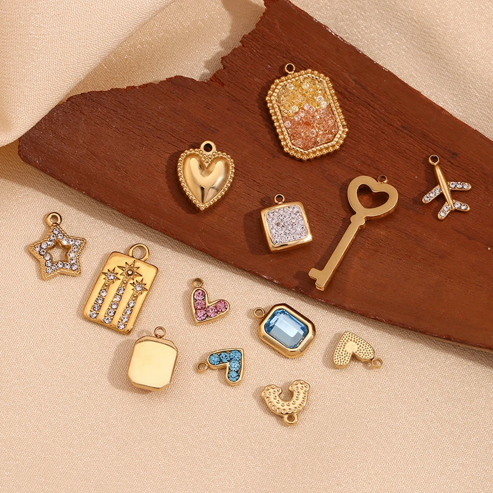 MamacitaSlay Lovely Diy Colored Zircon Keys Heart Aircraft Sun Stars Rainbow Stainless Steel Charms For Jewelry Making For Women