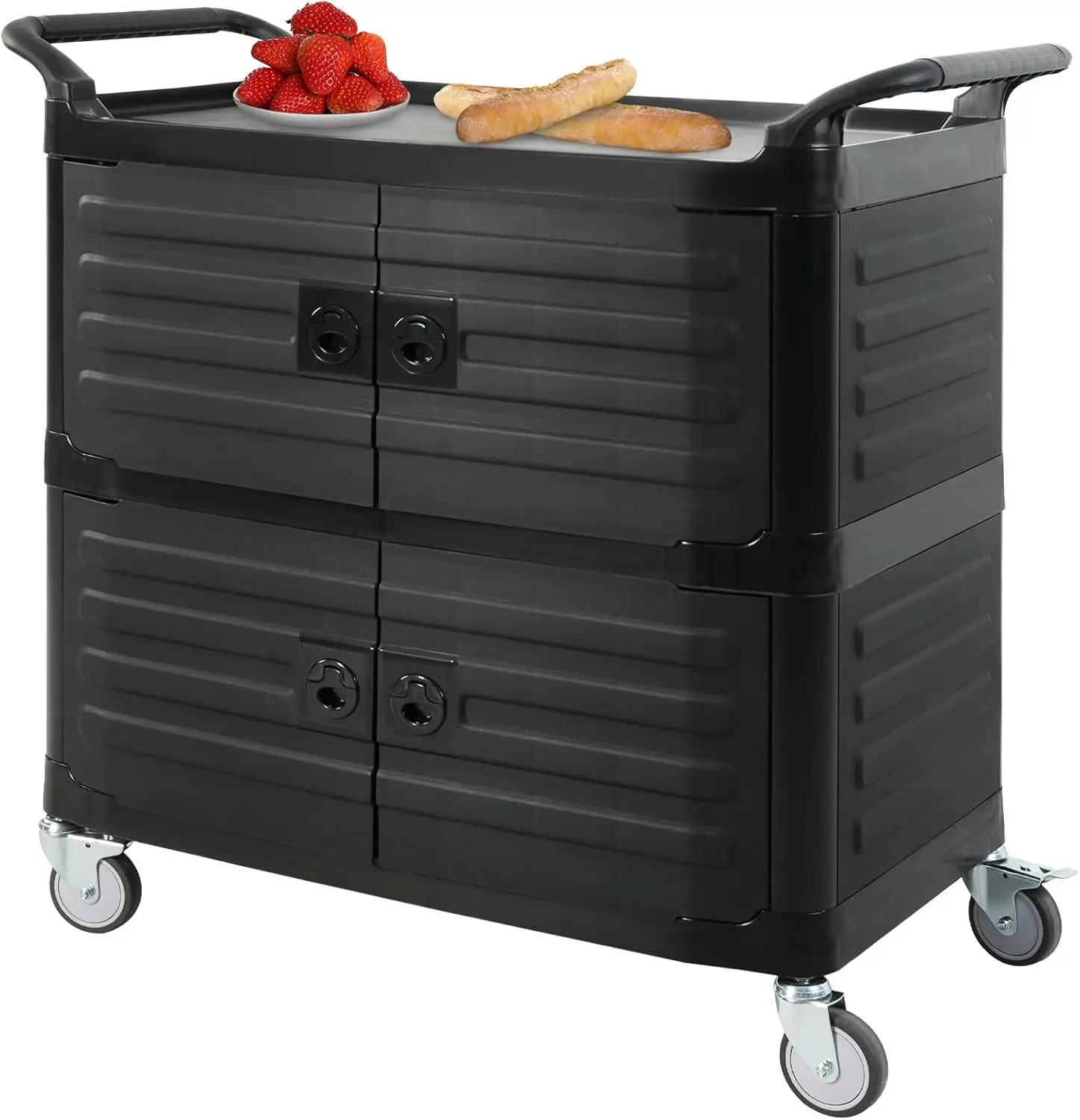 Rolling Service Utility Cart With Storage Cabinet And Lockable Wheels - Heavy Duty 3-Tier Kitchen Island Carts For Dining Room,