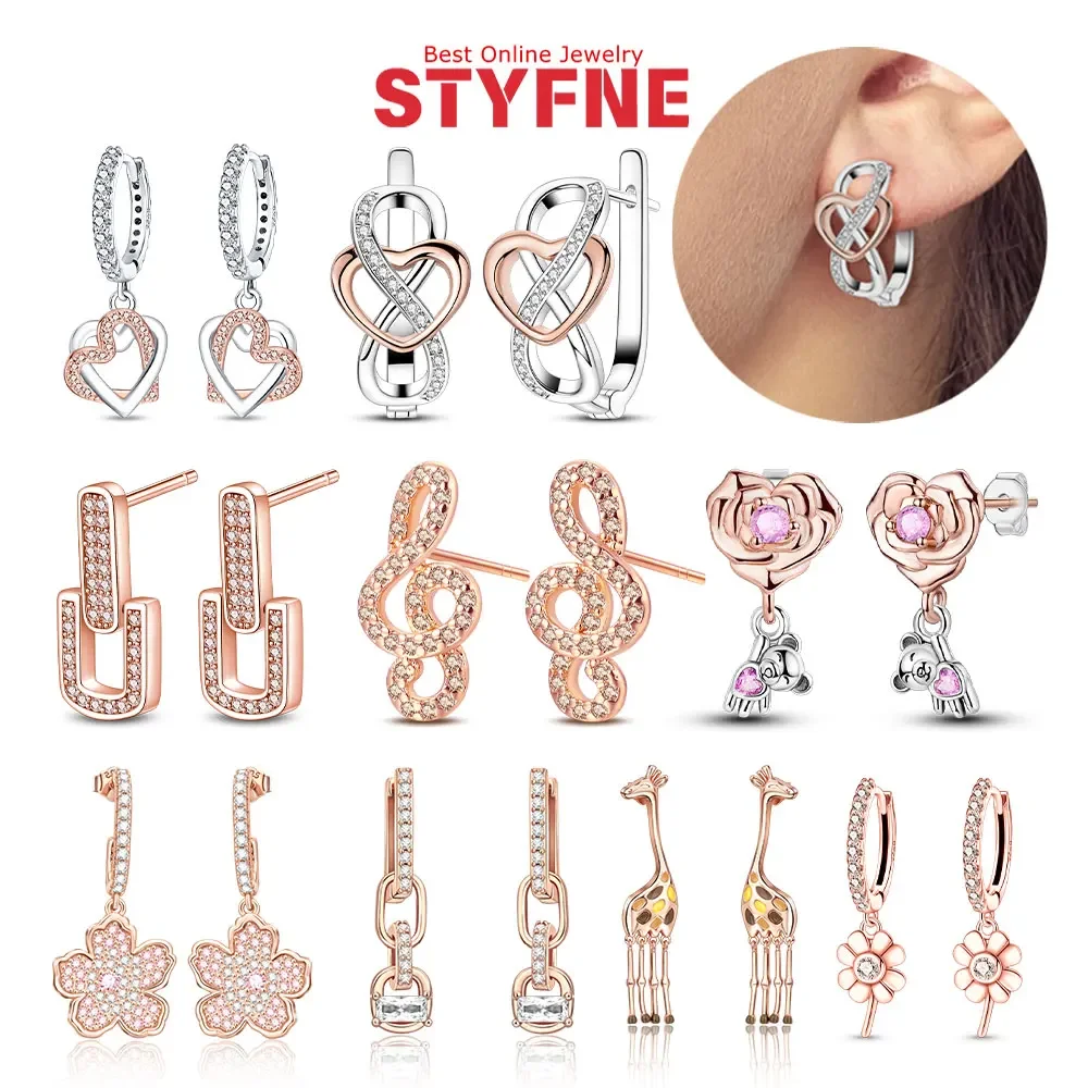 S925 Sterling Silver Rose Gold Plated Huggie Hoop Earrings Set, Infinity Heart Moon Star Flower Jewelry Gifts for Women Girls
