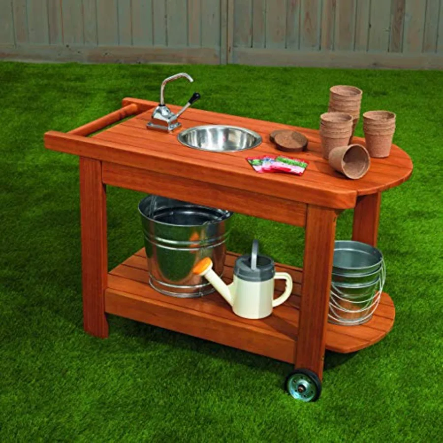 'S Outdoor Rolling Planting Cart For Outdoor Play And Active Play, Made Of Weather-Resistant Wood In Natural Brown, Featuring S