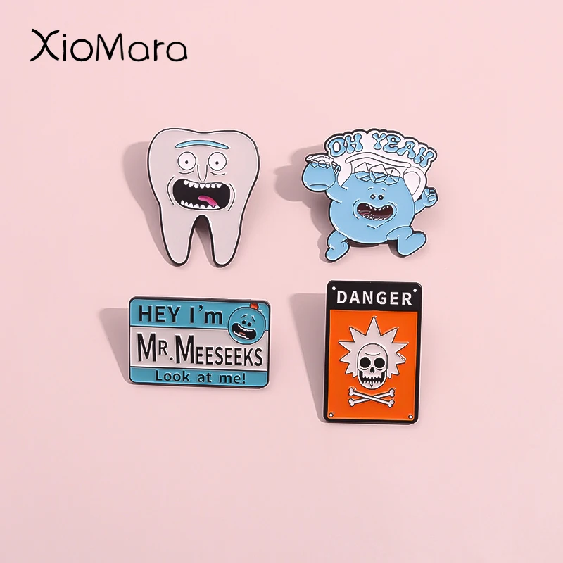 Danger Skeleton Warning Signs Enamel Pin Hey I'M Mr.Meeseeks Look At Me Crazy Anime Brooch Lapel Badges Jewelry Fans Gift