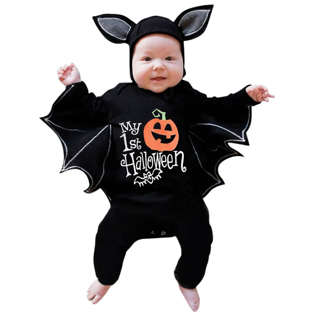 Jumpsuits Hat Infant Baby Boys Halloween Black Bat Costume Cosplay Outfits Girls Boys Romper Jumpsuit Carnival Fancy Dress