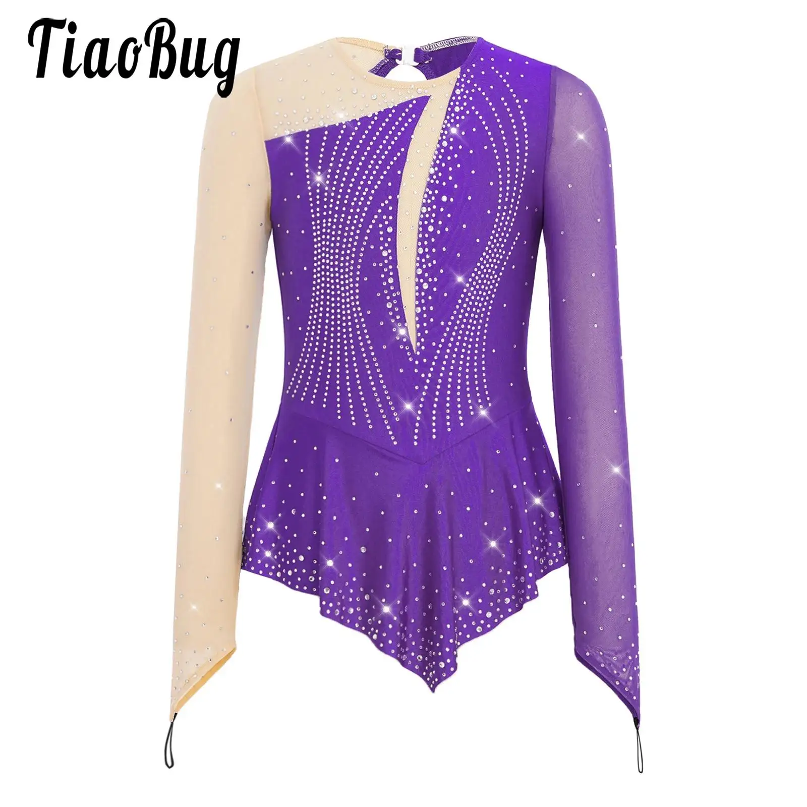 

Kids Girls Leotards Figure Skating Ballet Jersey Gymnastics Costume Shiny Rhinestone Asymmetrical Hem Mesh Leotard Dance Dress
