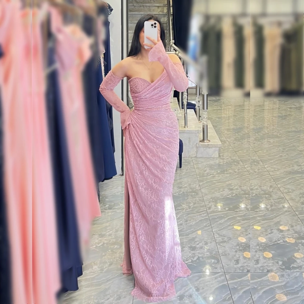 تخصيص الدانتيل الطية الديكور خارج على الكتف البوق فساتين طويلة مخصصة مناسبة مساء اللباس عالية الجودة حزب ثوب
