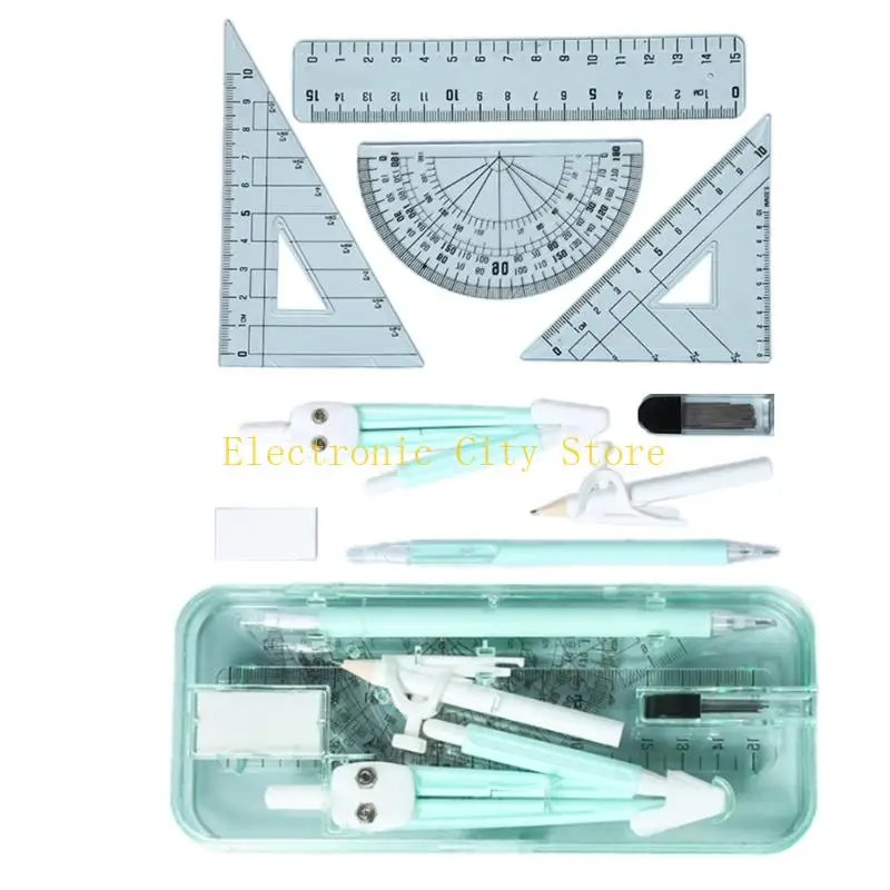 9Piece and Ruler Technical Drawing Set With Non Slip Grips Plastic Tools HU8D