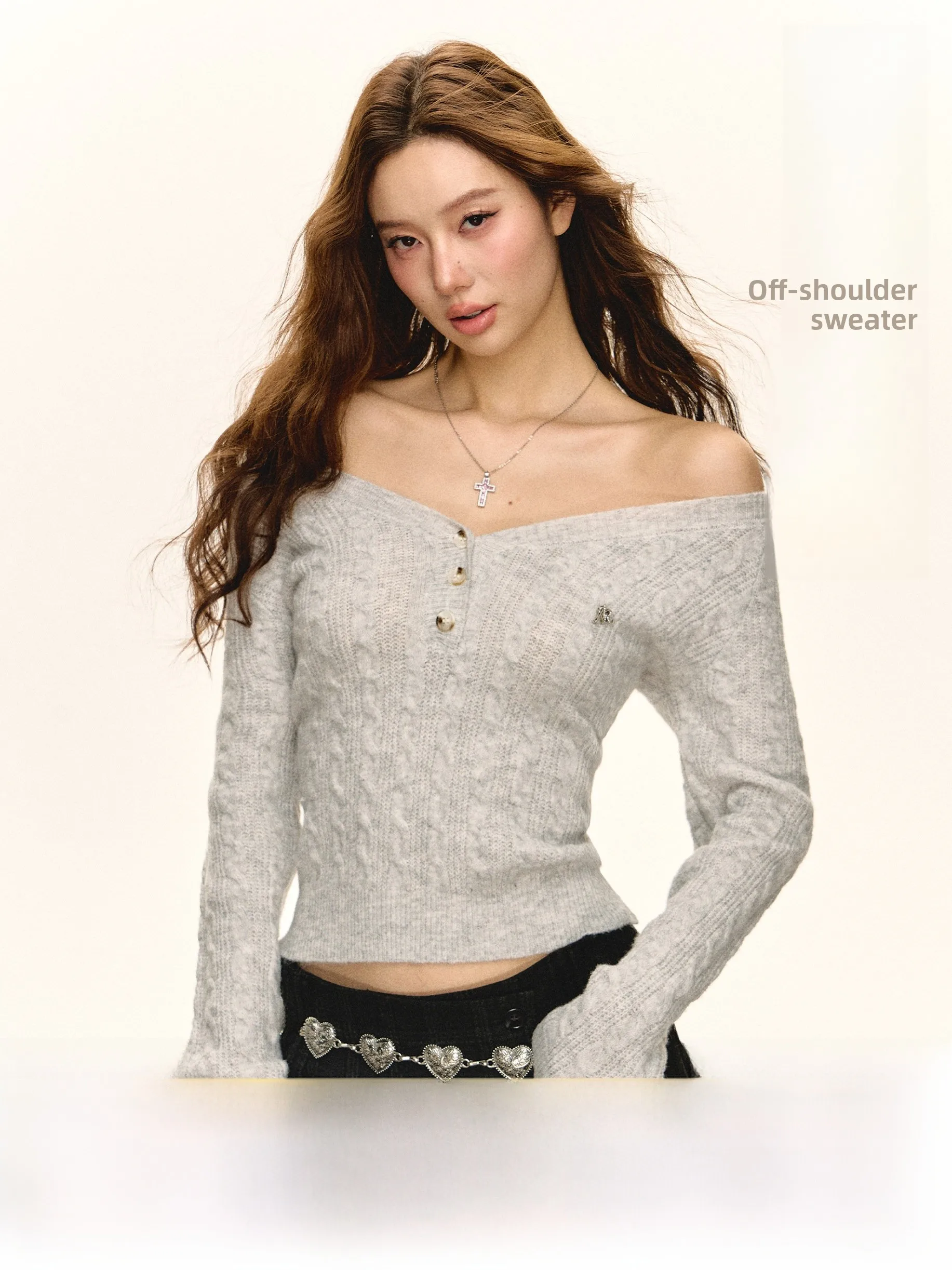 

Ariseism American Sle Retro High-End One-oulder Sweater Women's Spring New oulder Slim Fit Top Street Sle V-N...