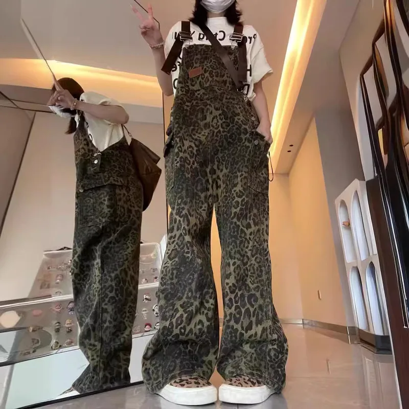 

ARTIE | Vintage Leopard Jumpsuits Women Button Fly High-waist Wide Legs Pants Korean High Street Full Length Jumpsuit Salopettes