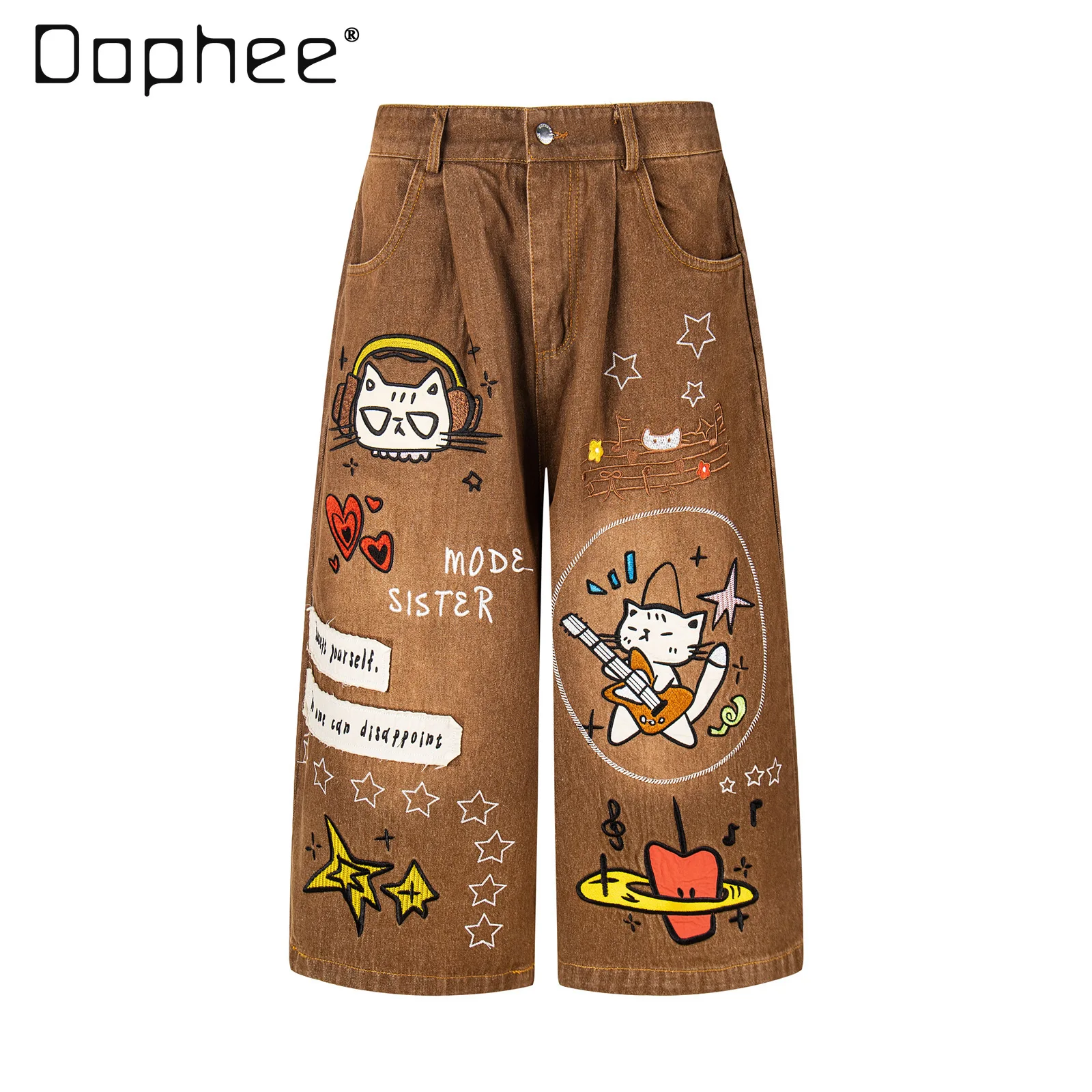 

Американские ретро-джинсы унисекс с вышивкой кошки и эффектом потертости, укороченные, свободного кроя, новинка лета 2026