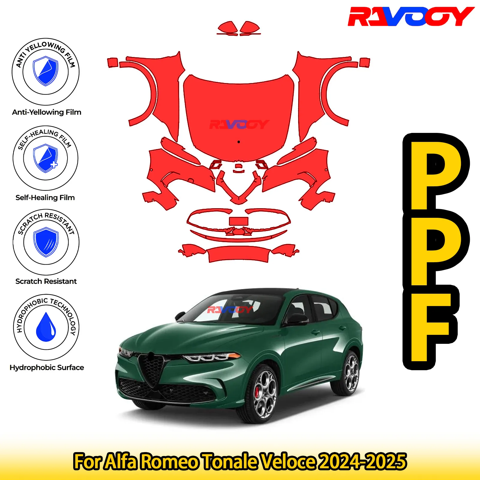 

Для Alfa Romeo Tonale Veloce 2024-2025 глянцевая матовая черная предварительно вырезанная передняя защитная пленка PPF комплект