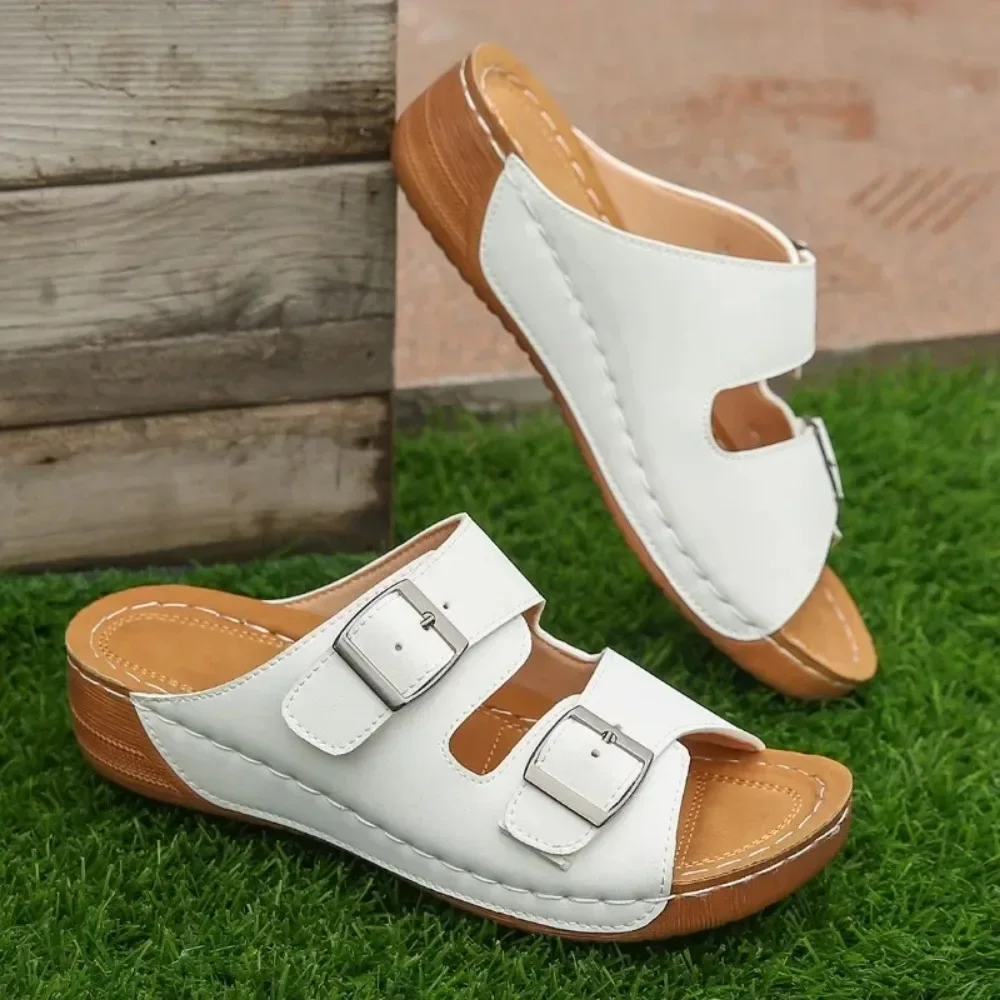 

New Summer Slippers Women's Wedge Sandals Fashion Design Double Buckle Platform Outdoor Walking Slippers Non-Slip Women Shoes