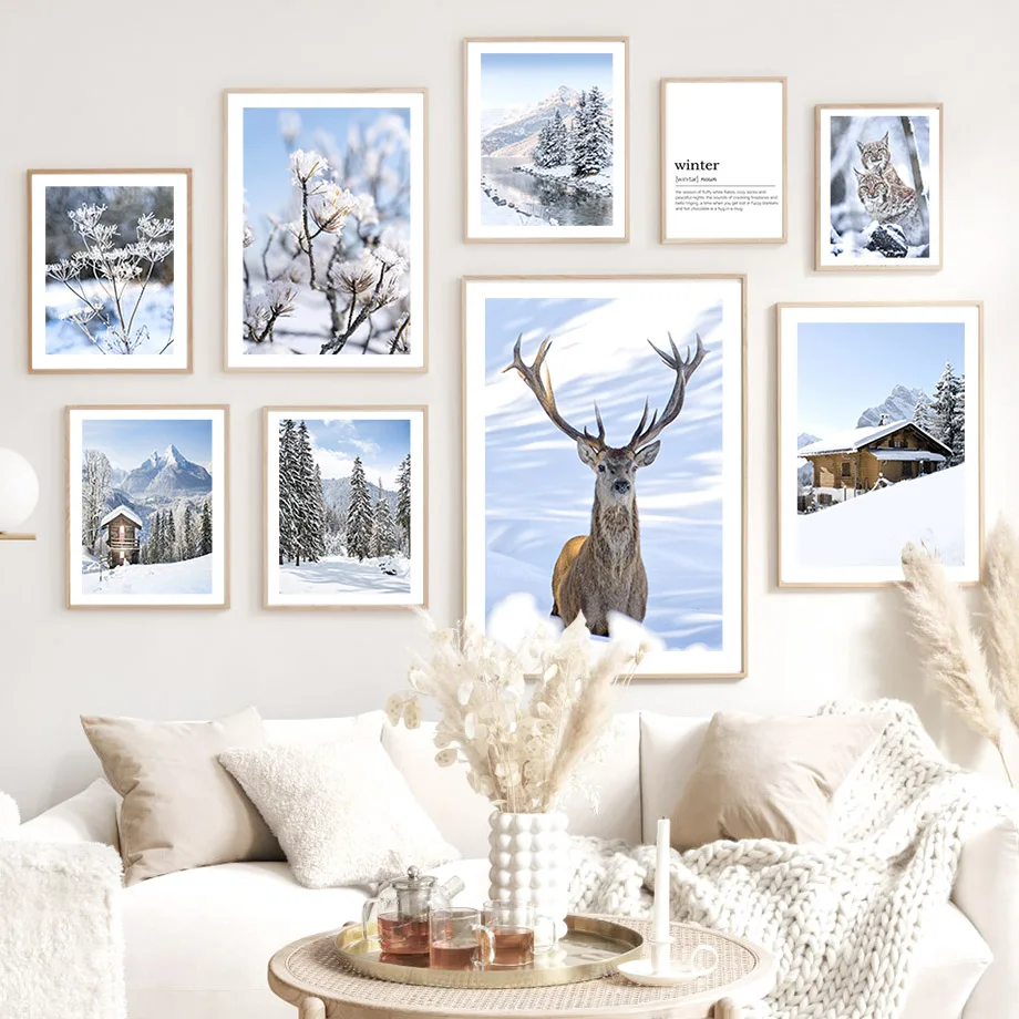 Snow Deer Mountain Lake Forest House Winter Landscape Wall Art Canvas Painting Posters And Prints Pictures For Living Room Decor