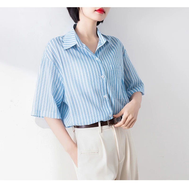 الأزرق الأبيض مخطط قمصان النساء قصيرة الأكمام ملابس الصيف جيب واحدة الصدر قمم قمصان بلوزة