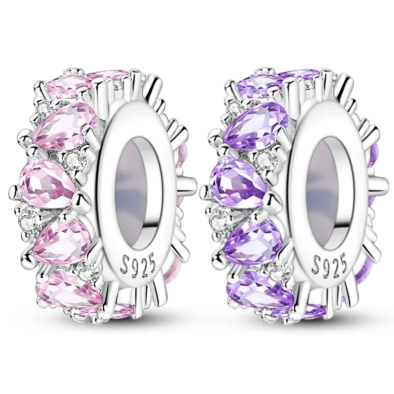 

Hot Sales 925 Sterling Silver Purple Pink Water Droplet Beads CZ Zircon Charms Fit Original Bracelet DIY For Women Jewelry Gifts
