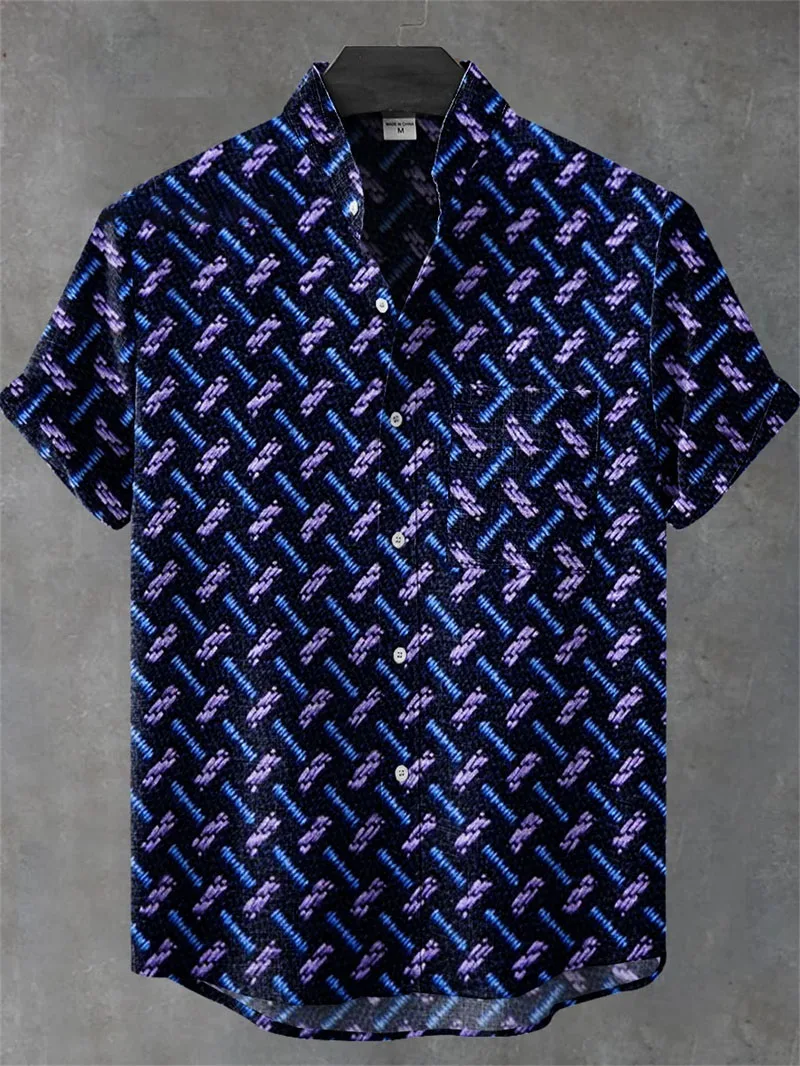 

3D printed color blocked beach shirt men's linen casual fashion retro street wear short sleeved shirt men's style