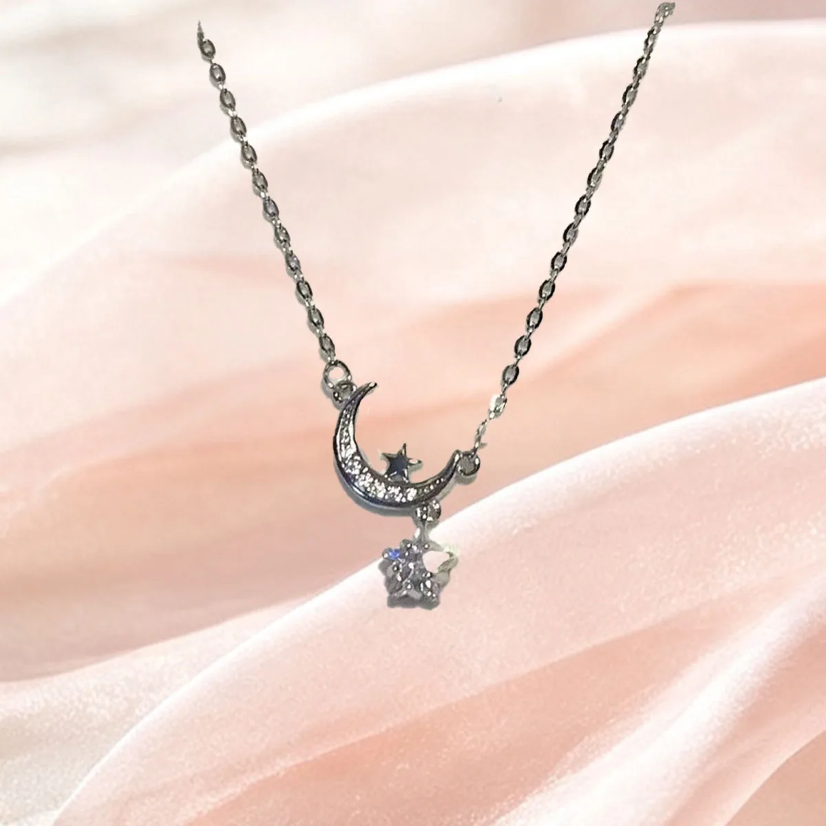 Cute Shiny Zircon Star Moon Pendant Necklace for Women.Sweet Jewelry Accessories Gifts for Lover Stainless Steel Chain