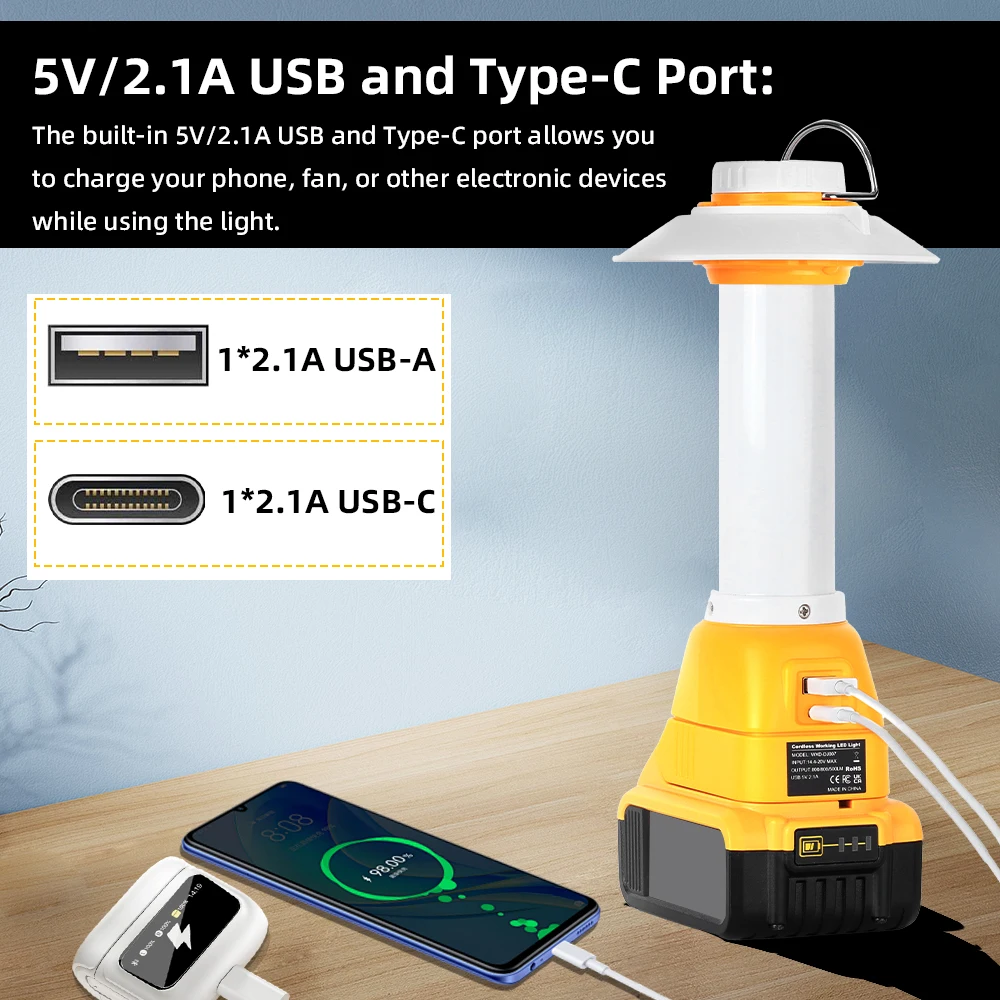 Lampu Lentera 800LM Kompatibel dengan Baterai Dewalt, Lampu Lentera Portabel untuk Berkemah di Luar Ruangan dengan Pengait, Output USB dan Tipe-C (Tanpa Baterai)
